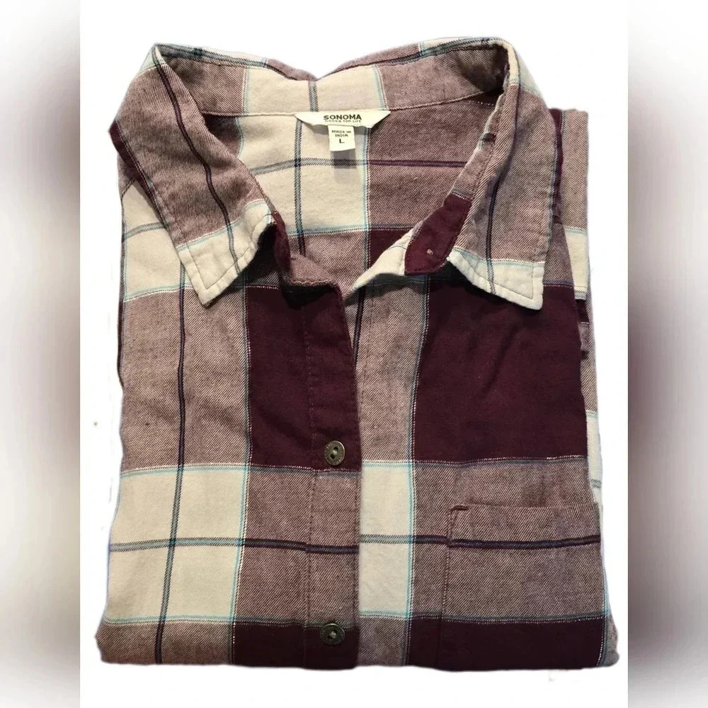 Sonoma Goods For Life®, Size L, Everyday Flannel Shirt Purple Plaid - Picture 14 of 14
